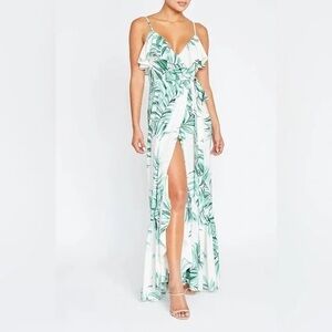Luxxel White and Green Resort Maxi Dress with Ruffled Tiers